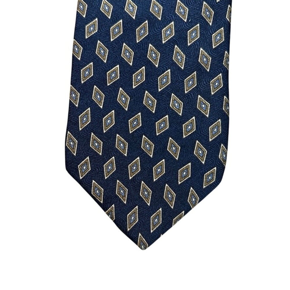 Savile Row Mens Silk Tie Navy Blue Gold Geometric Diamond Pattern USA Made